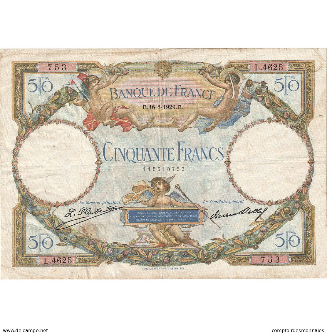 France, 50 Francs, Luc Olivier Merson, 1929, L.4625, TB+, Fayette:15.03, KM:77a - 50 F 1927-1934 ''Luc Olivier Merson''