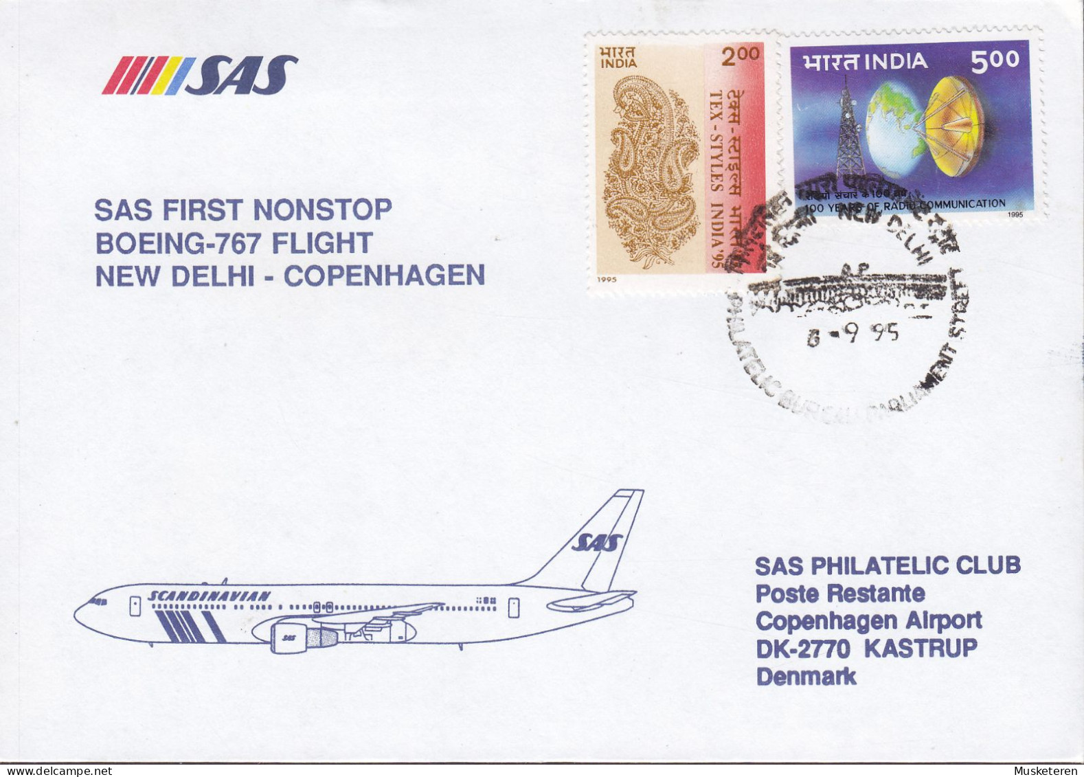 India SAS First Nonstop Boeing-767 Flight NEW DELHI-COPENHAGEN 1995 Cover Brief Lettre Radio Communication - Poste Aérienne