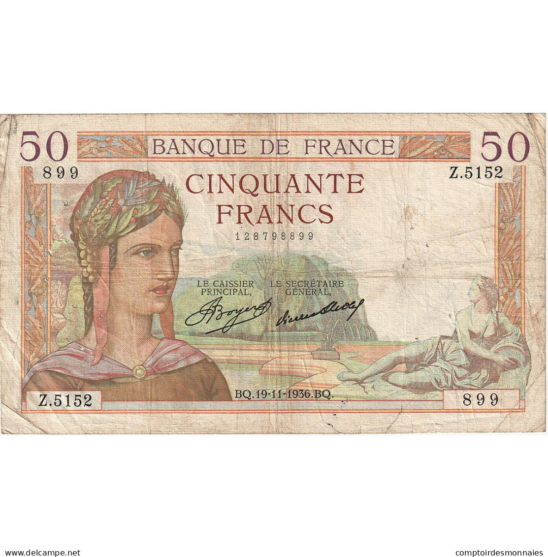 France, 50 Francs, Cérès, 1936, Z.5152, TB, Fayette:17.31, KM:81 - 50 F 1934-1940 ''Cérès''