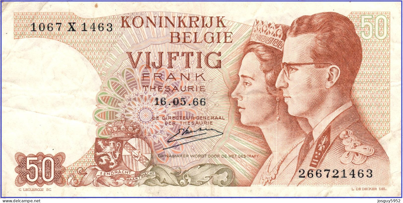 BELGIE - 50 FRANK 1966 - Nr 1067X1463 - Otros & Sin Clasificación