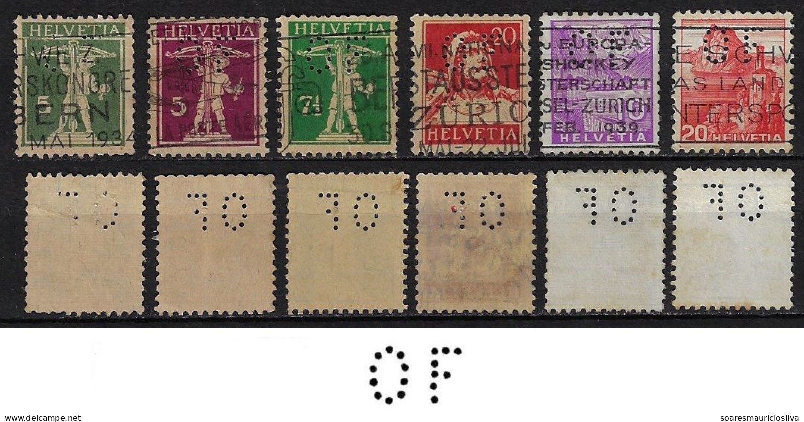 Switzerland 1922/1943 6 Stamp Perfin OF By Orell Fussli-Annoncen AG From Zurich Lochung Perfore - Gezähnt (perforiert)