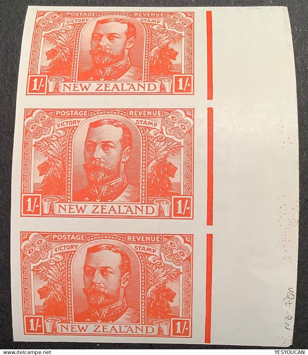 New Zealand 1920 KGV 1s 'Victory' XF MNH** IMPERF PLATE PROOF STRIP OF 3, SG 458 Var. (Lion Maory - Unused Stamps