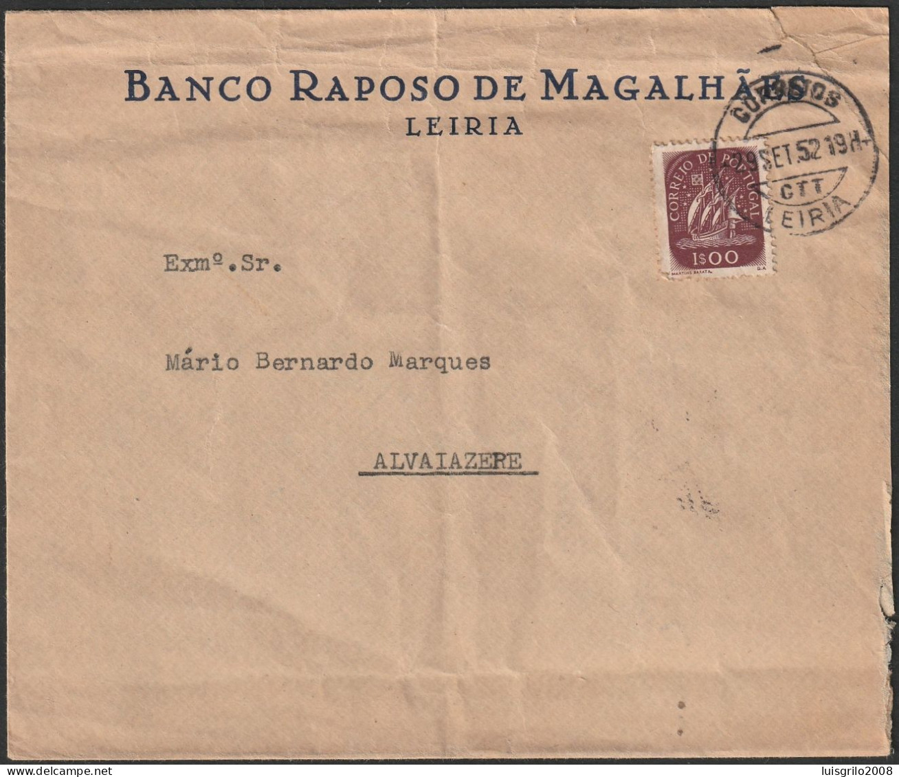 Cover - Banco Raposo Magalhães, Leiria To Alvaiazere -|- Postmark - Leiria. 1952 - Lettres & Documents