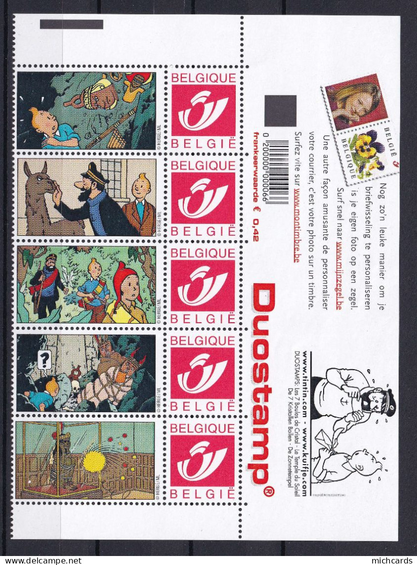 303 BELGIQUE Duo Stamp - TINTIN - 7 Boules De Cristal - Temple Du Soleil + Haut De Feuille - Neuf **(MNH) Sans Charniere - Philabédés (comics)