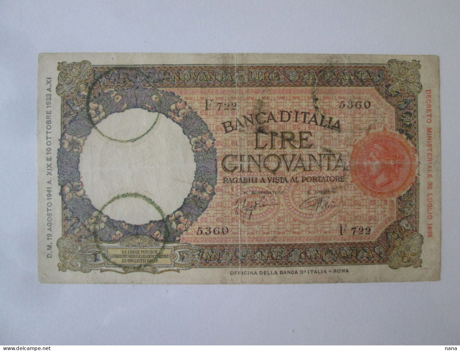 Rare! Italy 50 Lire 1941 See Pictures - 50 Liras