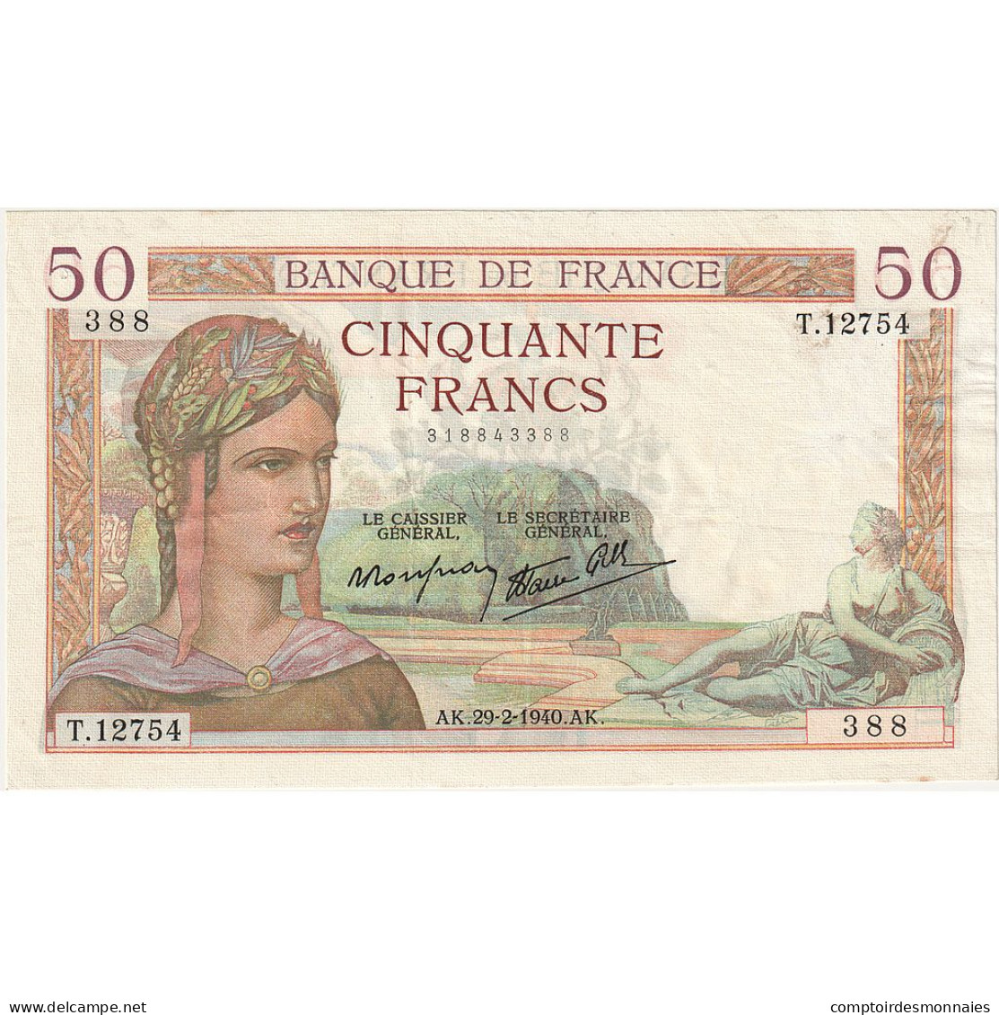 France, 50 Francs, Cérès, 1940, T.12754, SUP, Fayette:18.40, KM:85b - 50 F 1934-1940 ''Cérès''