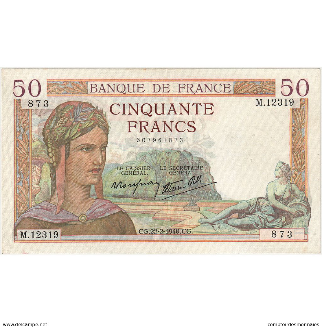 France, 50 Francs, Cérès, 1940, M.12319, SUP, Fayette:18.39, KM:85b - 50 F 1934-1940 ''Cérès''