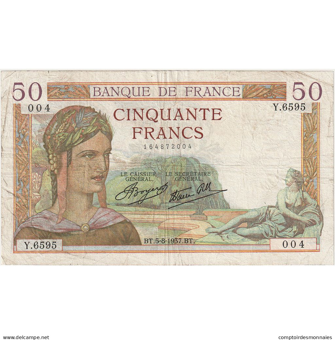 France, 50 Francs, Cérès, 1937, Y.6595, TB, Fayette:18.1, KM:85a - 50 F 1934-1940 ''Cérès''