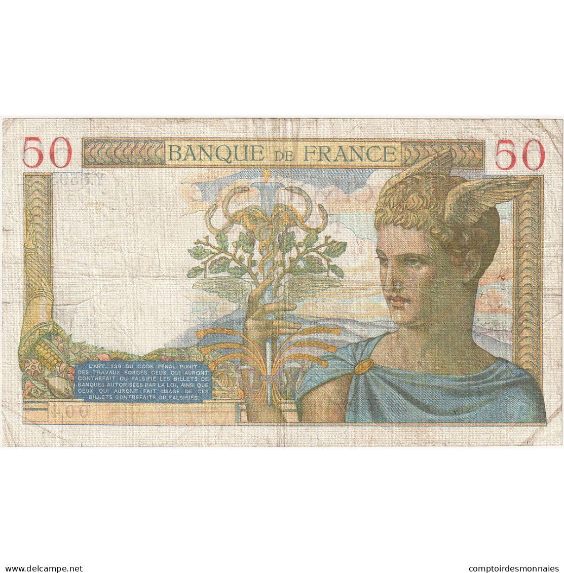 France, 50 Francs, Cérès, 1937, Y.6595, TB, Fayette:18.1, KM:85a - 50 F 1934-1940 ''Cérès''