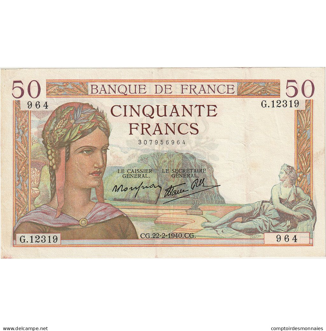France, 50 Francs, Cérès, 1940, G.12319, SUP, Fayette:18.39, KM:85b - 50 F 1934-1940 ''Cérès''