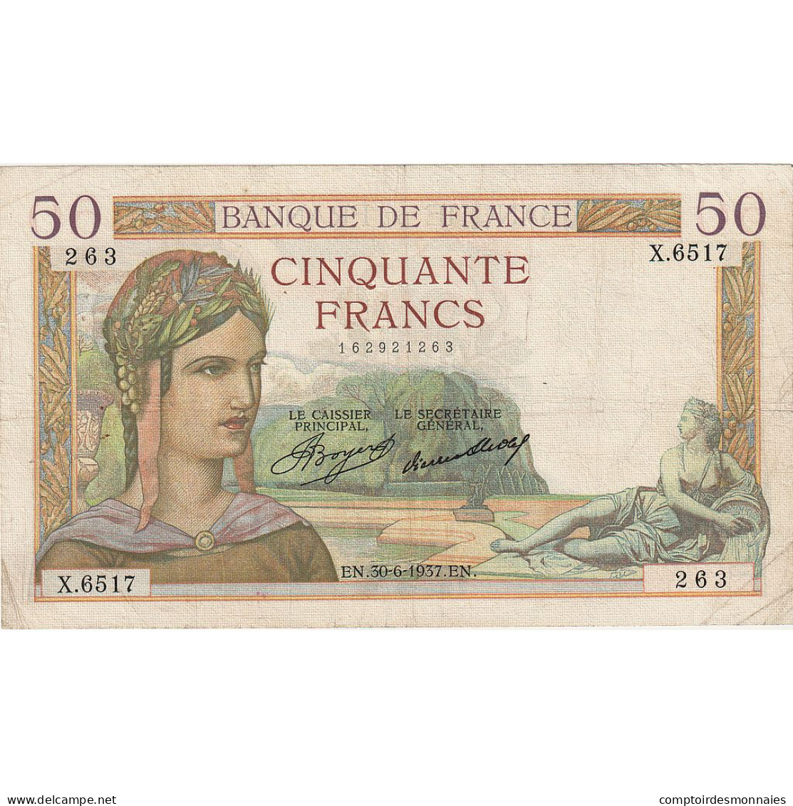 France, 50 Francs, Cérès, 1937, X.6517, TTB, Fayette:17.40, KM:81 - 50 F 1934-1940 ''Cérès''