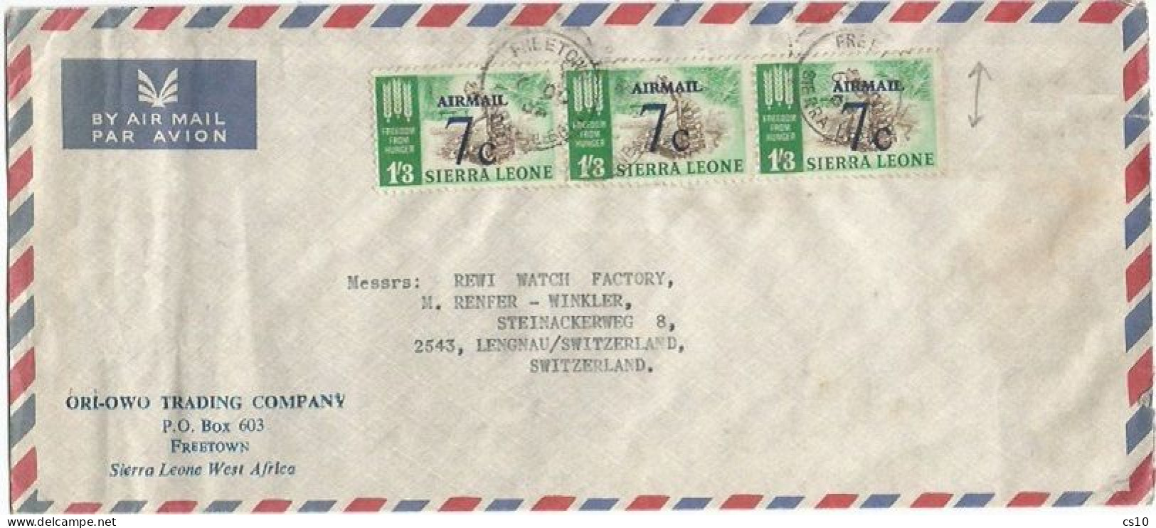 Sierra Leone Freedom From Hunger 1S3 OVPT 7c Provisional Strip3 AirmailCV Freetown 6oct1963 X Suisse - ACF - Aktion Gegen Den Hunger