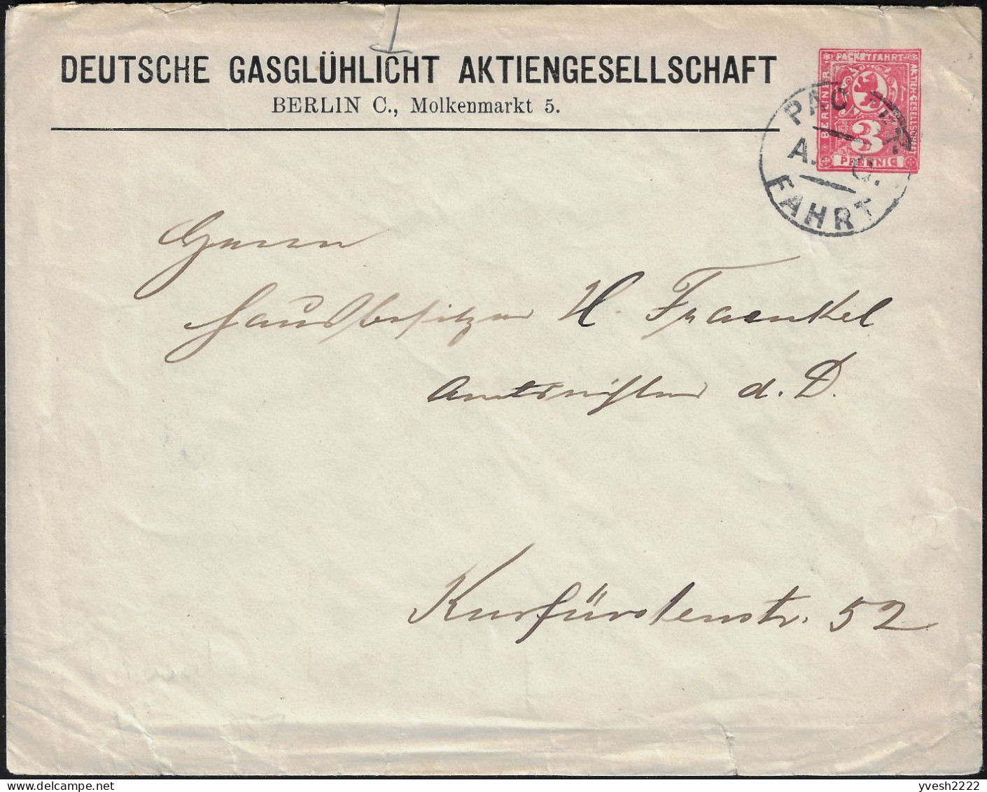 Berlin 1899. Poste Privée Berliner Packetfahrt... Entier Postal Timbré Sur Commande. Société Anonyme De Lampes à Gaz - Gas