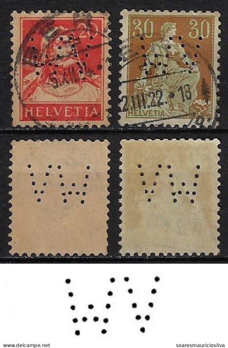 Switzerland 1911/1933 2 Stamp Perfin WV By Hallersche Buchdruckerei & Wagnersche Verlagsanstalt In Bern Lochung Perfore - Perfins