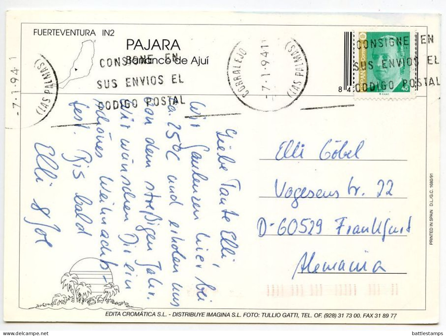 Spain 1994 Postcard Fuerteventura, Islas Canarias - Pajara Barranco De Ajuy; 45p. King Juan Carlos I Stamp - Fuerteventura