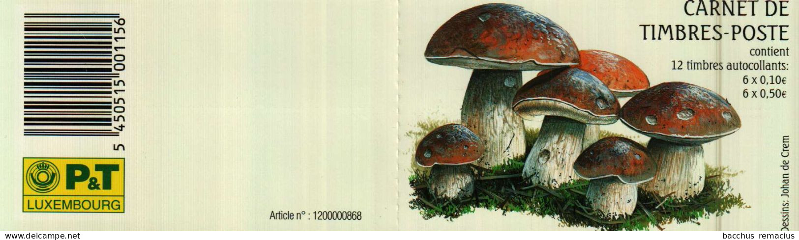 LUXEMBOURG Carnet De Timbres-Poste Autocollants (6x0,50+6x0,10euro) Champignons,Mushrooms,Pilze 2004 Dos Blanc - Variétés & Curiosités