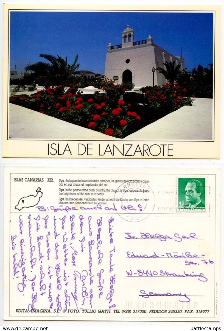 Spain 1990's Postcard Isla De Lanzarote - Uga, Church; 45p. King Juan Carlos I Stamp; Arrecife Cancel - Lanzarote