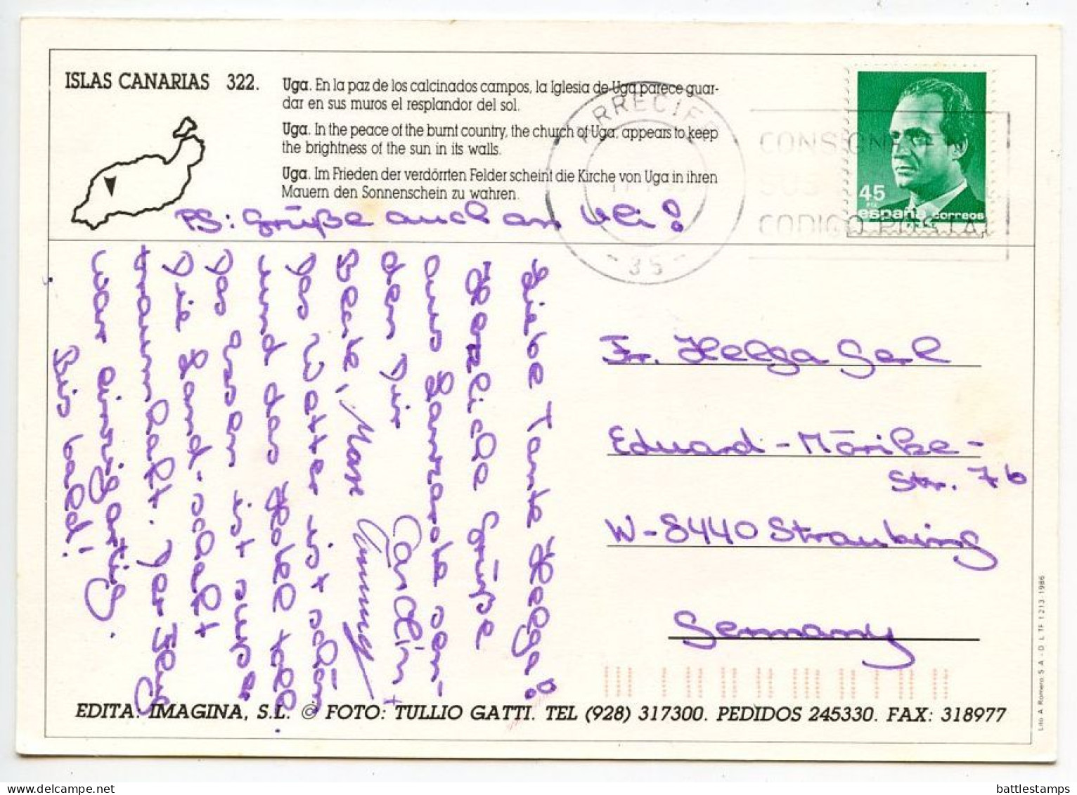 Spain 1990's Postcard Isla De Lanzarote - Uga, Church; 45p. King Juan Carlos I Stamp; Arrecife Cancel - Lanzarote