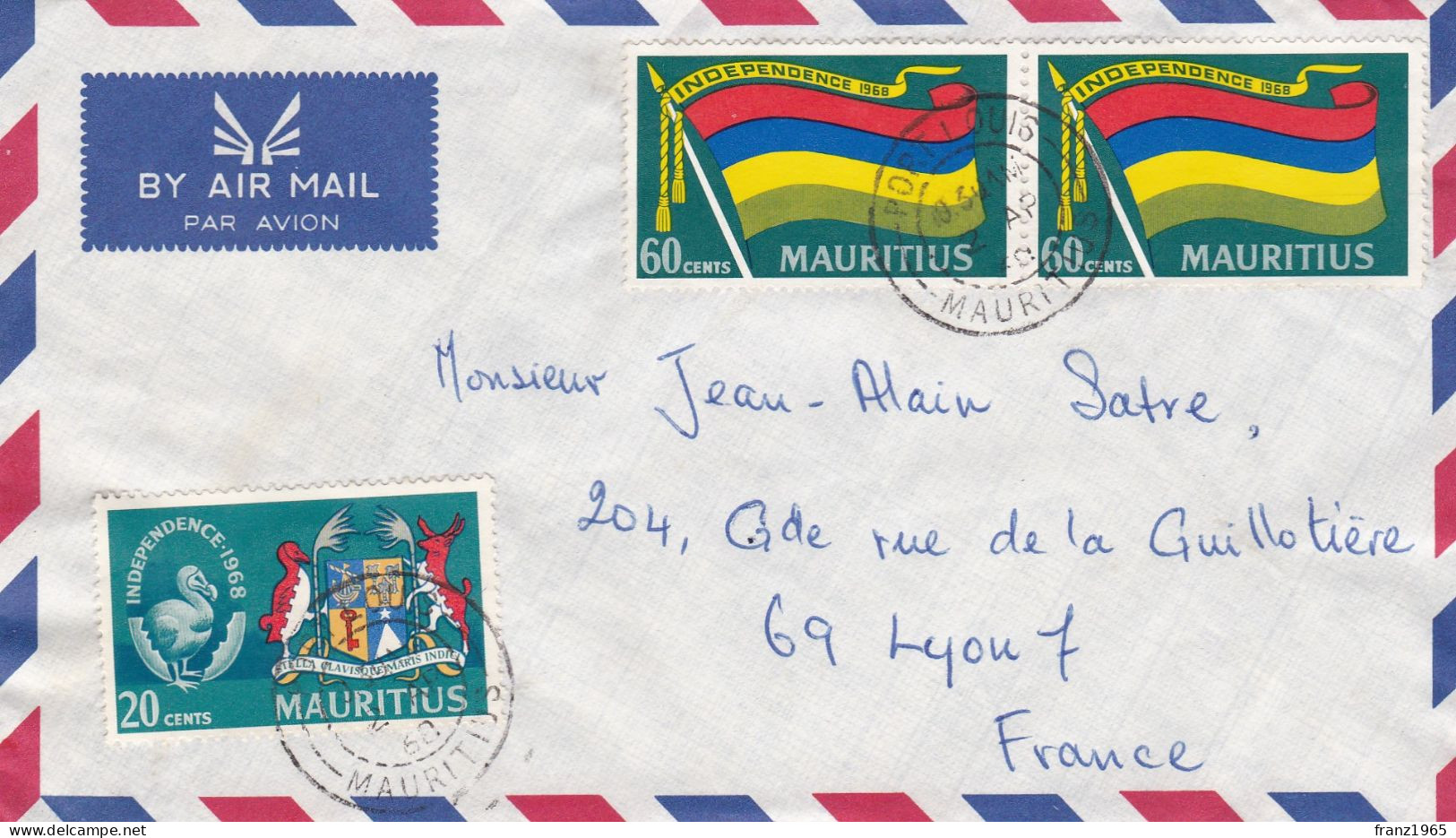 From Mauritius To France - 1968 - Maurice (1968-...)