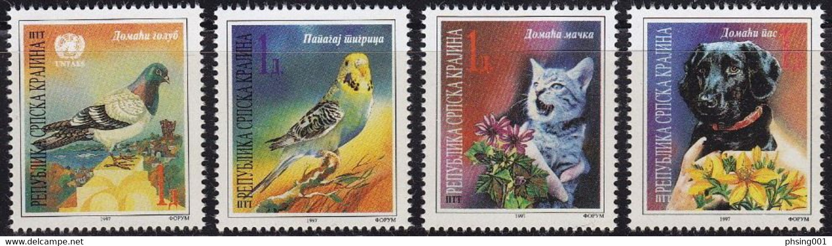 Croatia 1997 Serbian Krajina Fauna Pets Dogs Cats Birds Parrot Pigeon, Set MNH - Papagayos