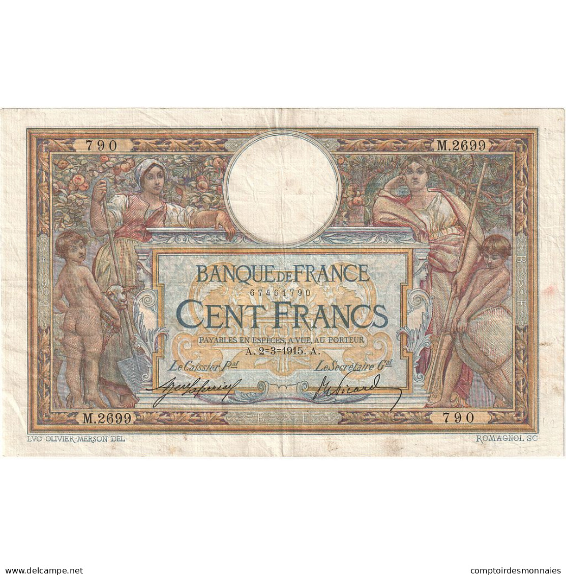 France, 100 Francs, Luc Olivier Merson, 1915, M.2699, TTB, Fayette:23.07, KM:71a - 100 F 1908-1939 ''Luc Olivier Merson''