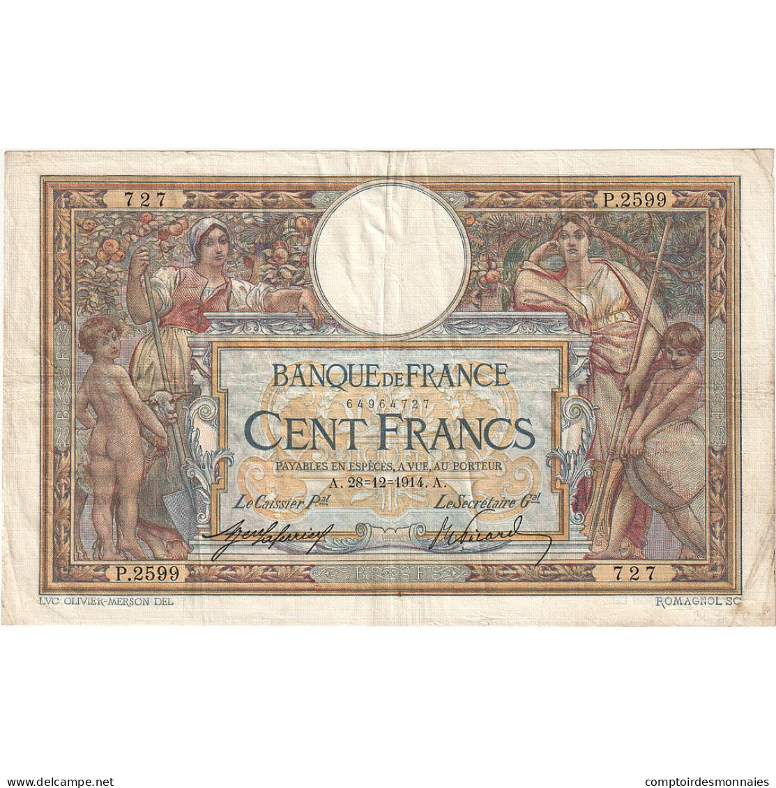 France, 100 Francs, Luc Olivier Merson, 1914, P.2599, TTB, Fayette:23.06, KM:71a - 100 F 1908-1939 ''Luc Olivier Merson''