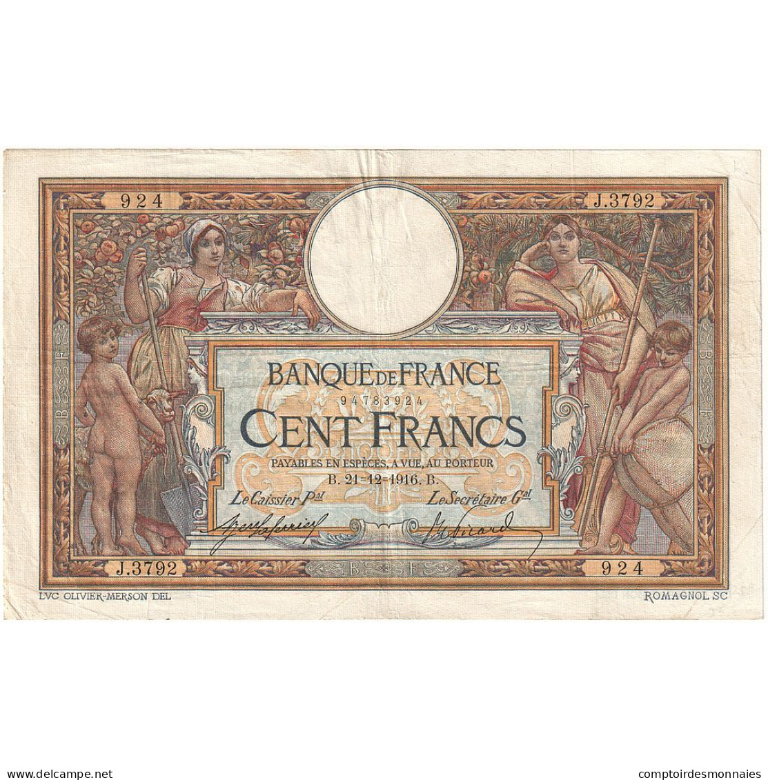 France, 100 Francs, Luc Olivier Merson, 1916, J.3792, TTB, Fayette:23.08, KM:71a - 100 F 1908-1939 ''Luc Olivier Merson''