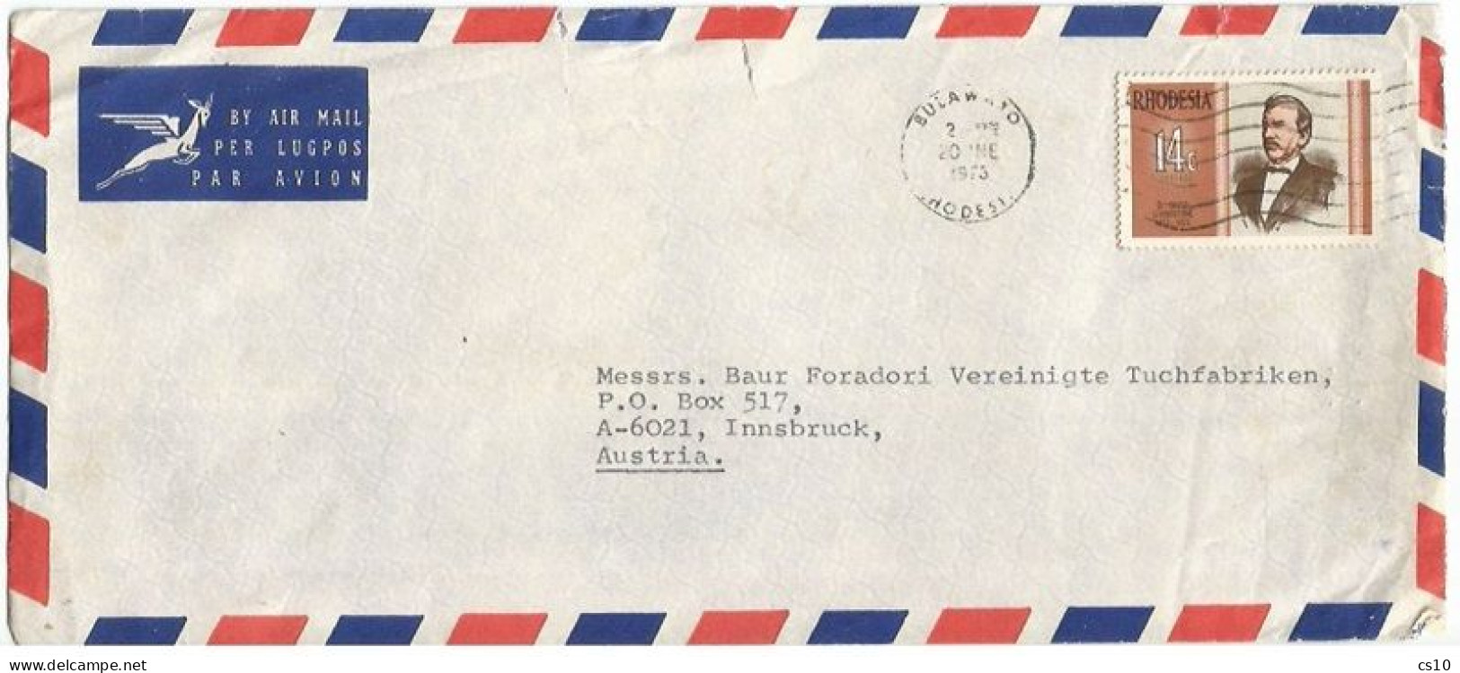 Livingstone Rhodesia Issue 1973 C14 Solo Franking Commerce AirmailCV Bulawayo 20jun73 X Austria - Rhodesien (1964-1980)