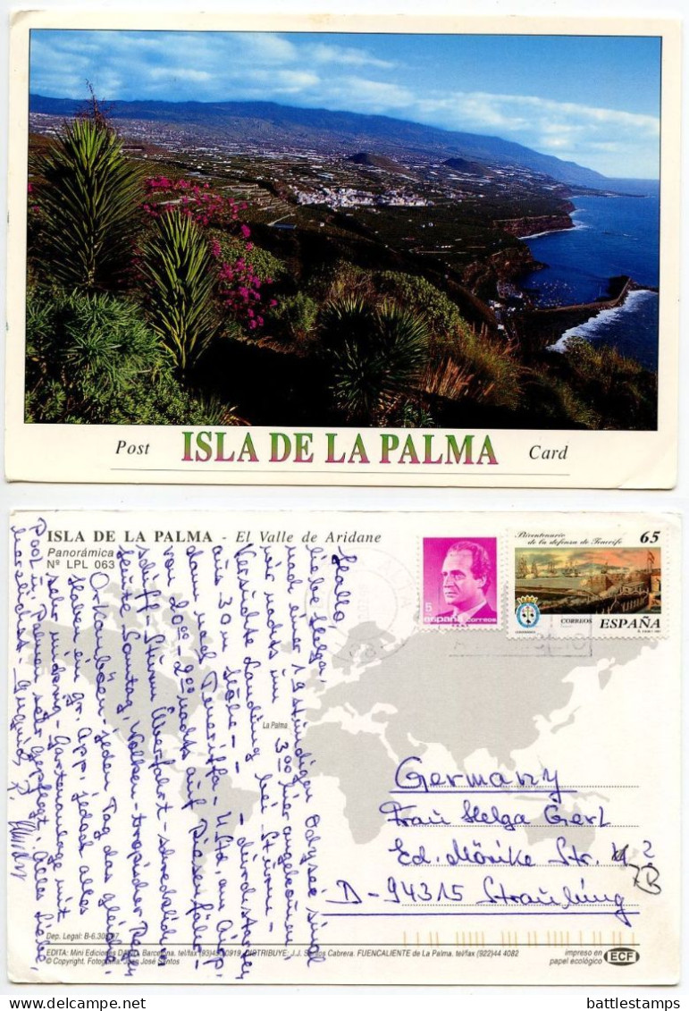 Spain 1998 Postcard  Isla De La Palma - El Valle De Aridane, Panorama; Breña Alta Cancel; 65p. Defense Of Tenerife Stamp - La Palma