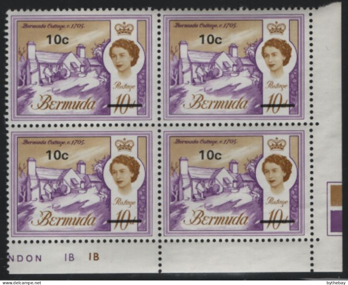 Bermuda 1970 MNH Sc 245 10c On 10p Bermuda Cottage LR Corner Block Of 4 - Bermuda