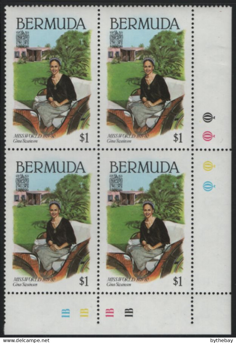 Bermuda 1980 MNH Sc 400 $1 Gina Swainson Miss World LR Corner Block Of 4 - Bermuda