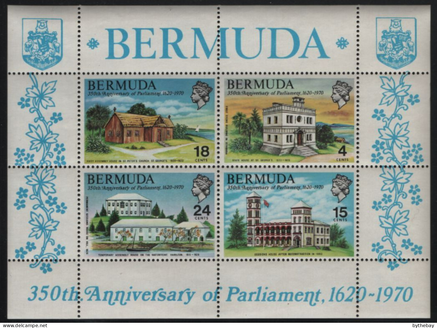 Bermuda 1970 MNH Sc 275a Buildings 350th Ann Parliament Sheet Of 4 - Bermuda