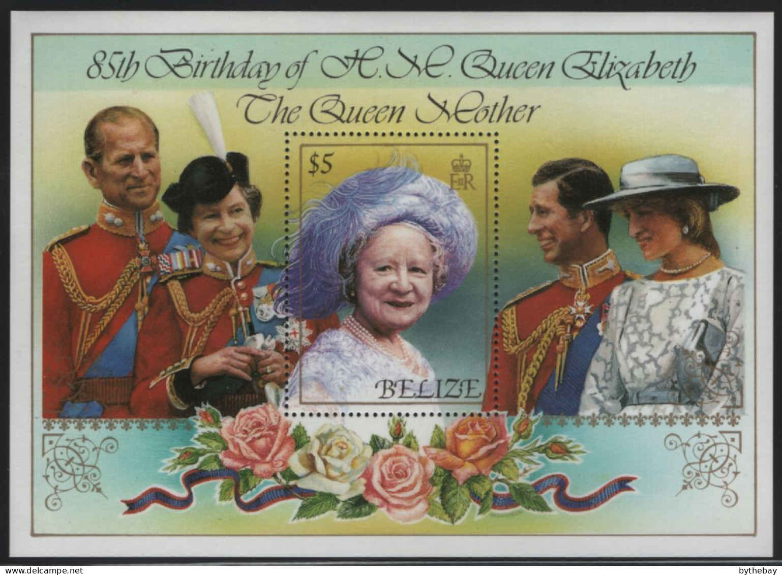 Belize 1985 MNH Sc 762 $5 Queen Mother In Purple Hat 85th Birthday - Belize (1973-...)