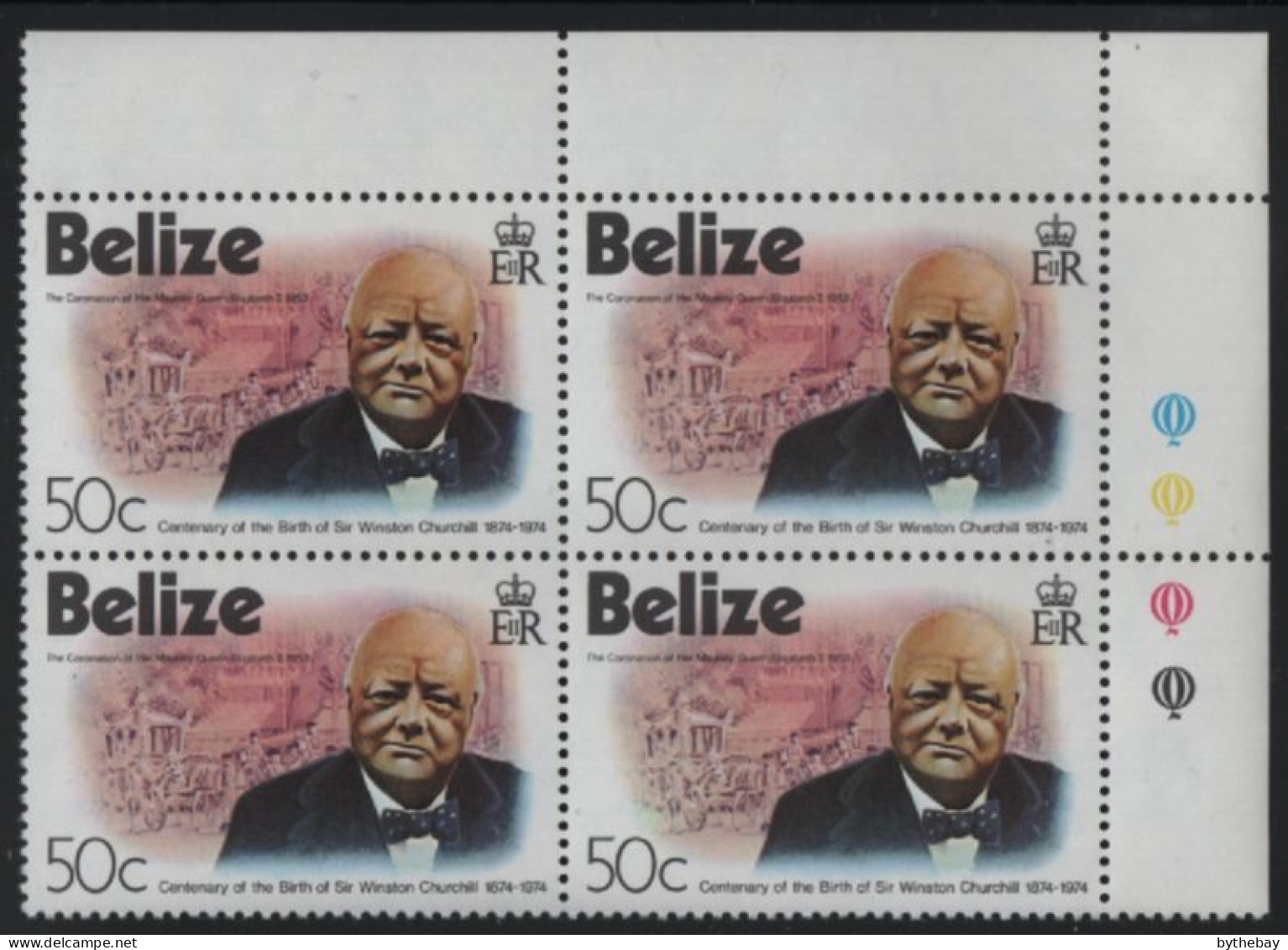 Belize 1974 MNH Sc 363 50c Churchill UR Corner Block Of 4 - Belize (1973-...)