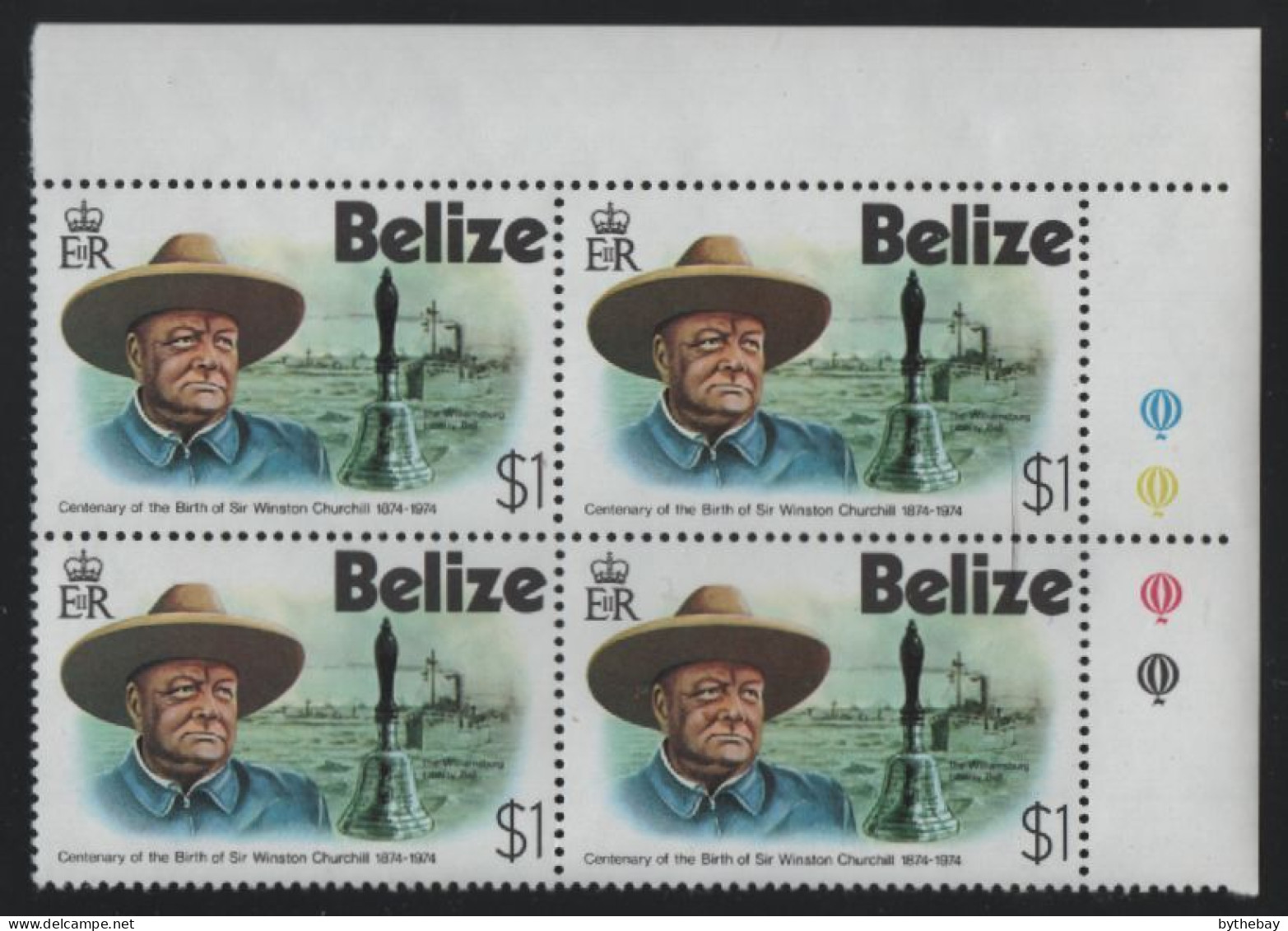 Belize 1974 MNH Sc 364 $1 Churchill UR Corner Block Of 4 - Belize (1973-...)