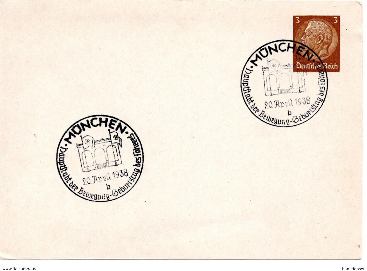 62282 - Deutsches Reich - 1938 - 3Pfg Hindenburg PGAKte SoStpl MUENCHEN - GEBURTSTAG DES FUEHRERS - Private Postal Stationery