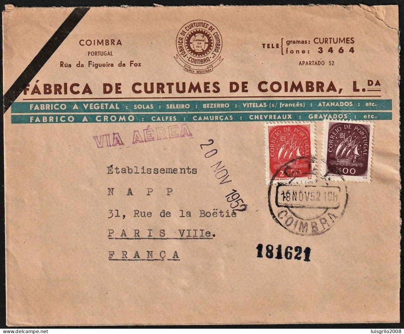 Mourning Letter - Fábrica De Cortumes Coimbra, Coimbra To Paris, França -|- Postmark - Coimbra, 1952 - Lettres & Documents