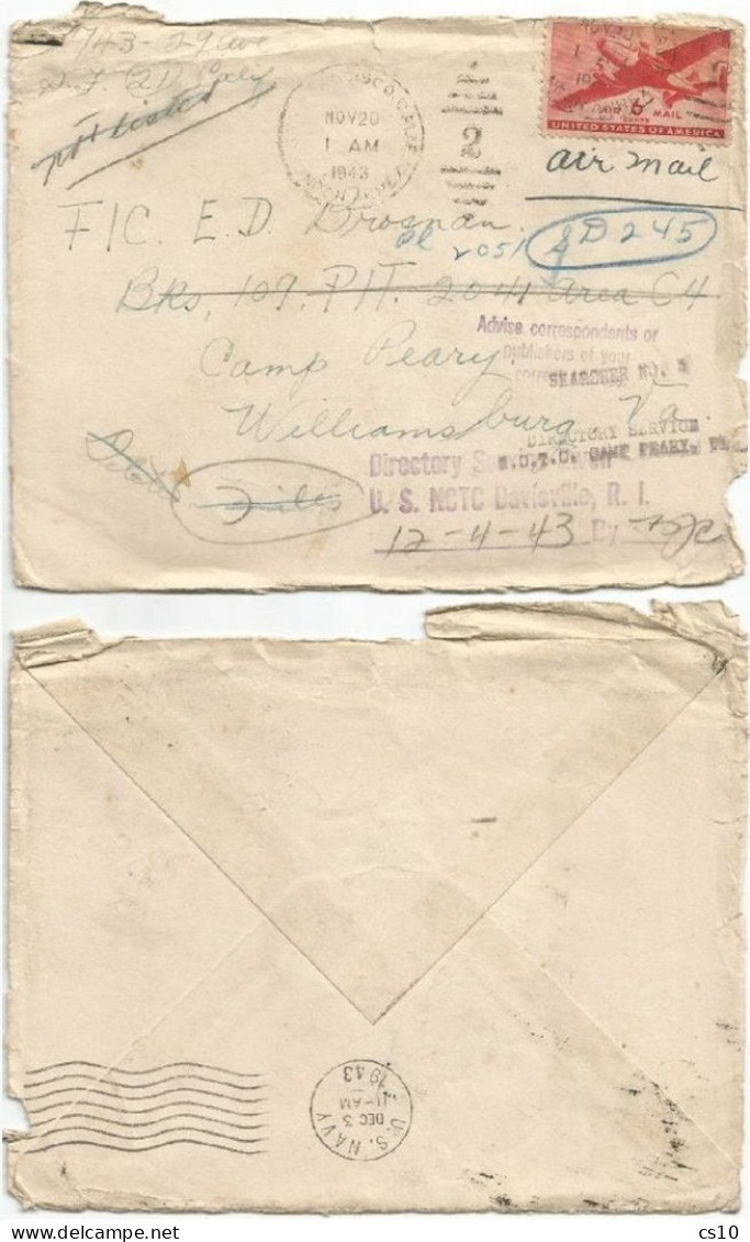 USA Very Tormented Journey AirmailCV Frisco 20nov43 To US Navy Camp Peary VA, Davisville RI With Airpost C6 Forwarded ! - Errors, Freaks & Oddities (EFOs)