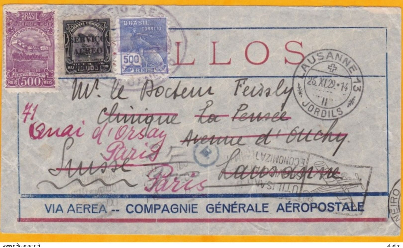 1929 - Lettre Par Avion Précurseur Aéropostale De Rio De Janeiro Vers Paris, France Redirigée Vers Lausanne, Suisse - Poste Aérienne (Compagnies Privées)