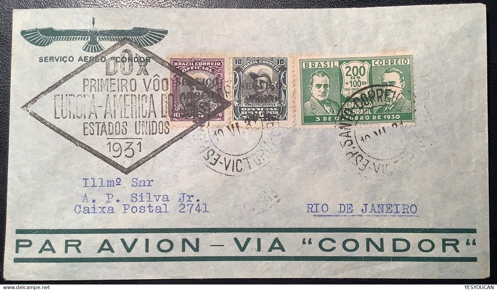 1931 DOX PRIMEIRO VÔO EUROPA-AMERICA DO SUL-ESTADOS UNIDOS Serviço Aereo Air Mail Cover (Brazil Condor Lettre Brief USA - Luchtpost