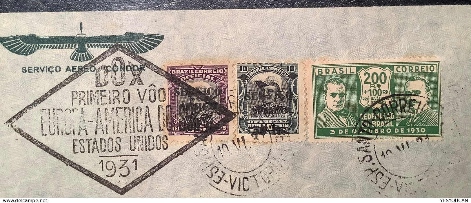1931 DOX PRIMEIRO VÔO EUROPA-AMERICA DO SUL-ESTADOS UNIDOS Serviço Aereo Air Mail Cover (Brazil Condor Lettre Brief USA - Poste Aérienne