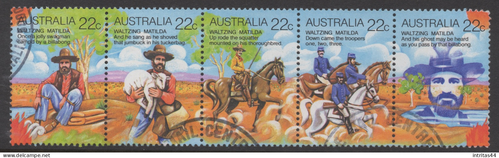 AUSTRALIA 1980 "FOLKLORE (1st SERIES) SCENES AND VERSES FROM THE FOLK SONG WALTZING MATHILDA" STRIP OF (5) VFU - Oblitérés