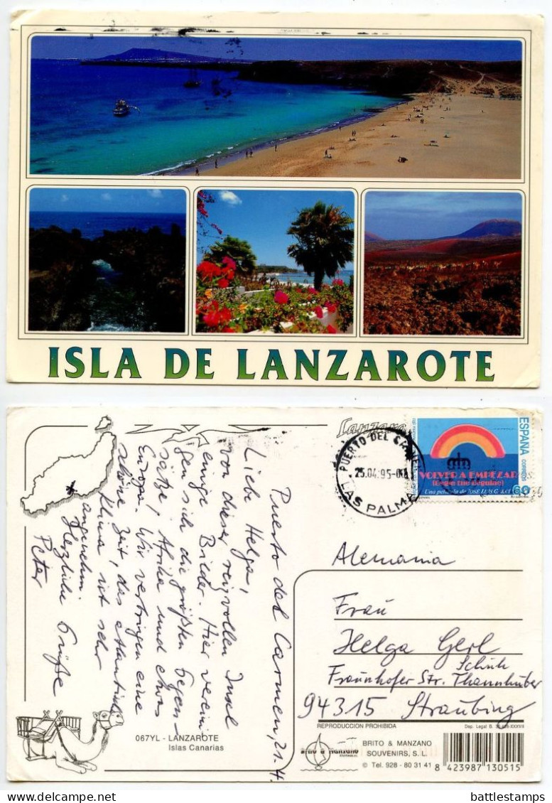 Spain 1995 Postcard Isla De Lanzarote - Scenic Views Of Beach, Coast, Camels; 60p. Volver A Empezar Motion Picture Stamp - Lanzarote