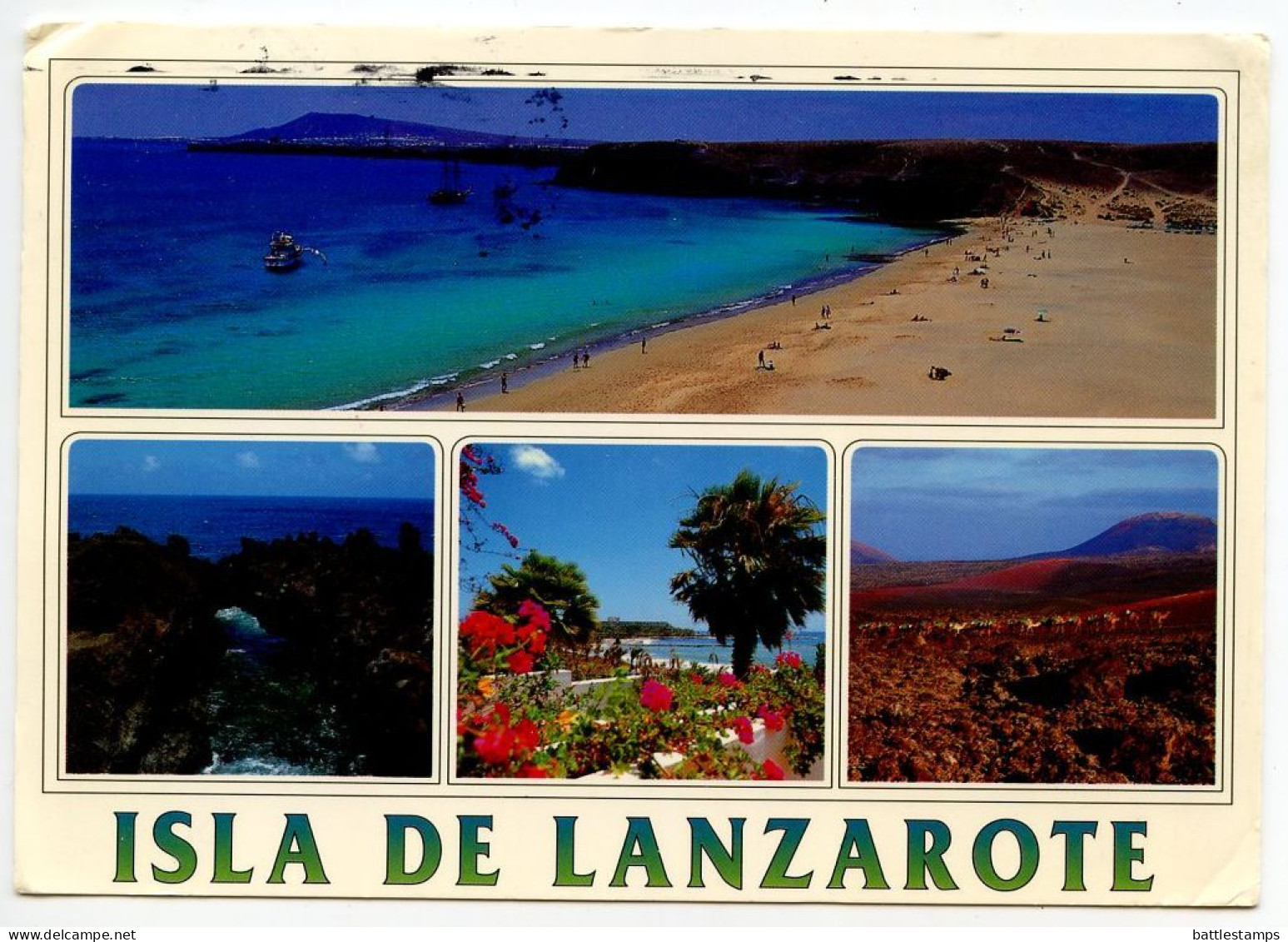 Spain 1995 Postcard Isla De Lanzarote - Scenic Views Of Beach, Coast, Camels; 60p. Volver A Empezar Motion Picture Stamp - Lanzarote