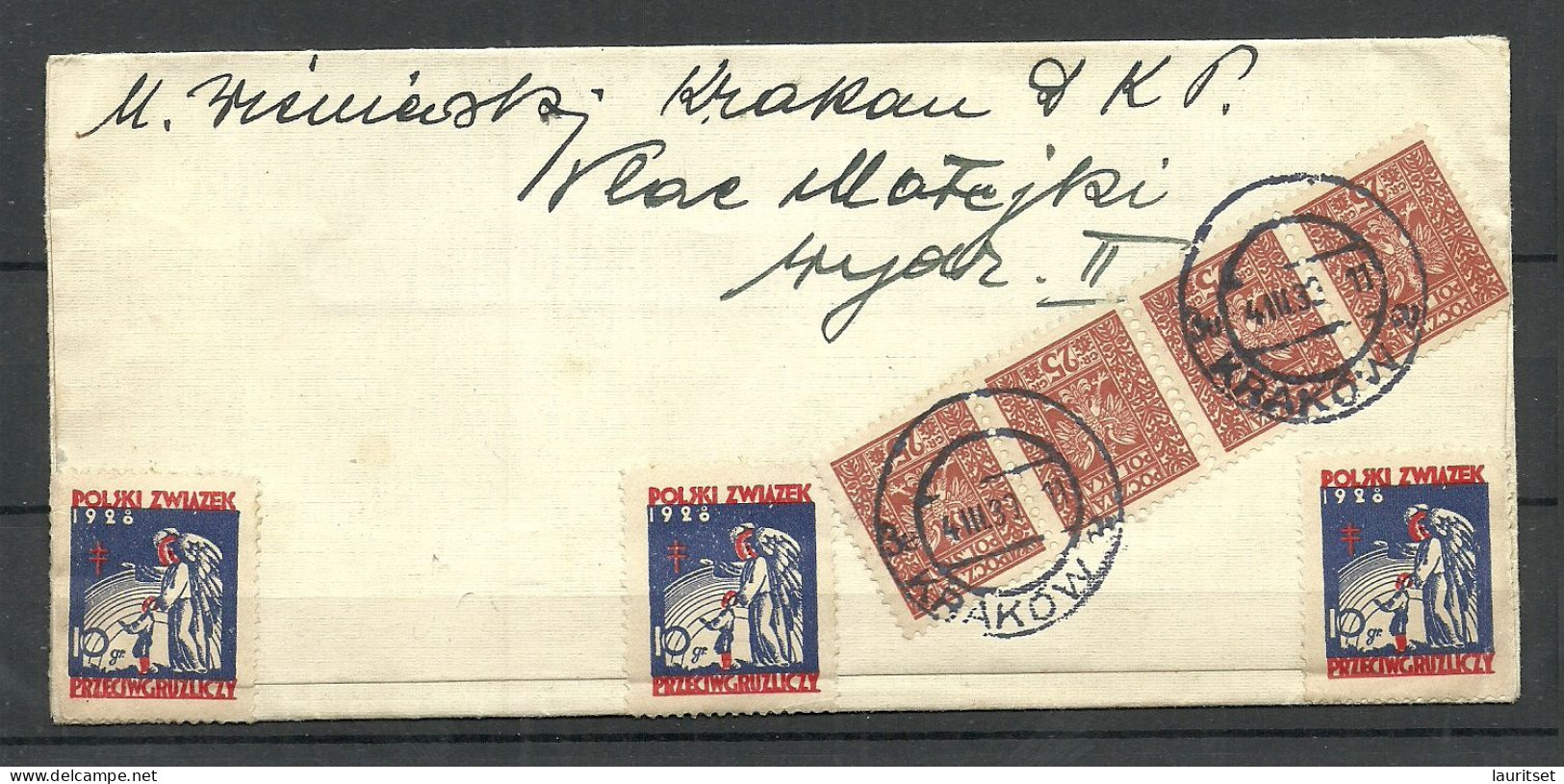 POLEN Poland 1930 O KRAKOW Registered Cover To Austria Wien With 3 Charity Tuberculosis Poster Stamps - Covers & Documents
