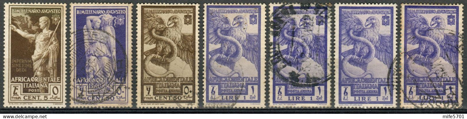 REGNO AFRICA ORIENTALE ITALIANA 1938 A.O.I. BIMILLENARIO AUGUSTEO 7 VALORI USATI - SASSONE 21-24-PA14/15 - Italienisch Ost-Afrika