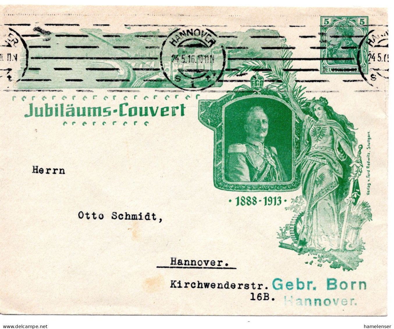 62301 - Deutsches Reich - 1916 - 5Pfg Germania PGAUmschlag "Silberjubilaeum Wilhelm II" Als OrtsBf HANNOVER - Briefe