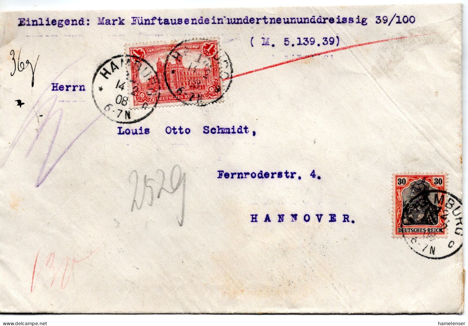 62303 - Deutsches Reich - 1908 - 1M Querformat MiF A W-Bf (5139M/36g) HAMBURG -> HANNOVER - Briefe U. Dokumente