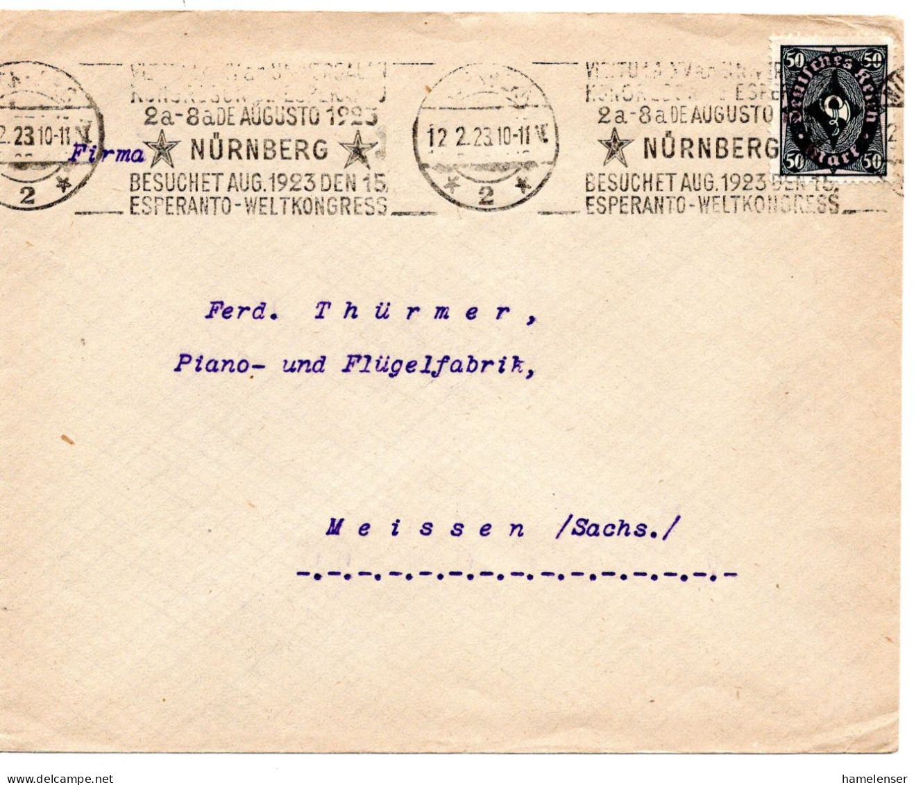 62304 - Deutsches Reich - 1923 - 50M Posthorn EF A Bf NUERNBERG - ... 15.ESPERANTO-WELTKONGRESS -> Meissen - Esperanto