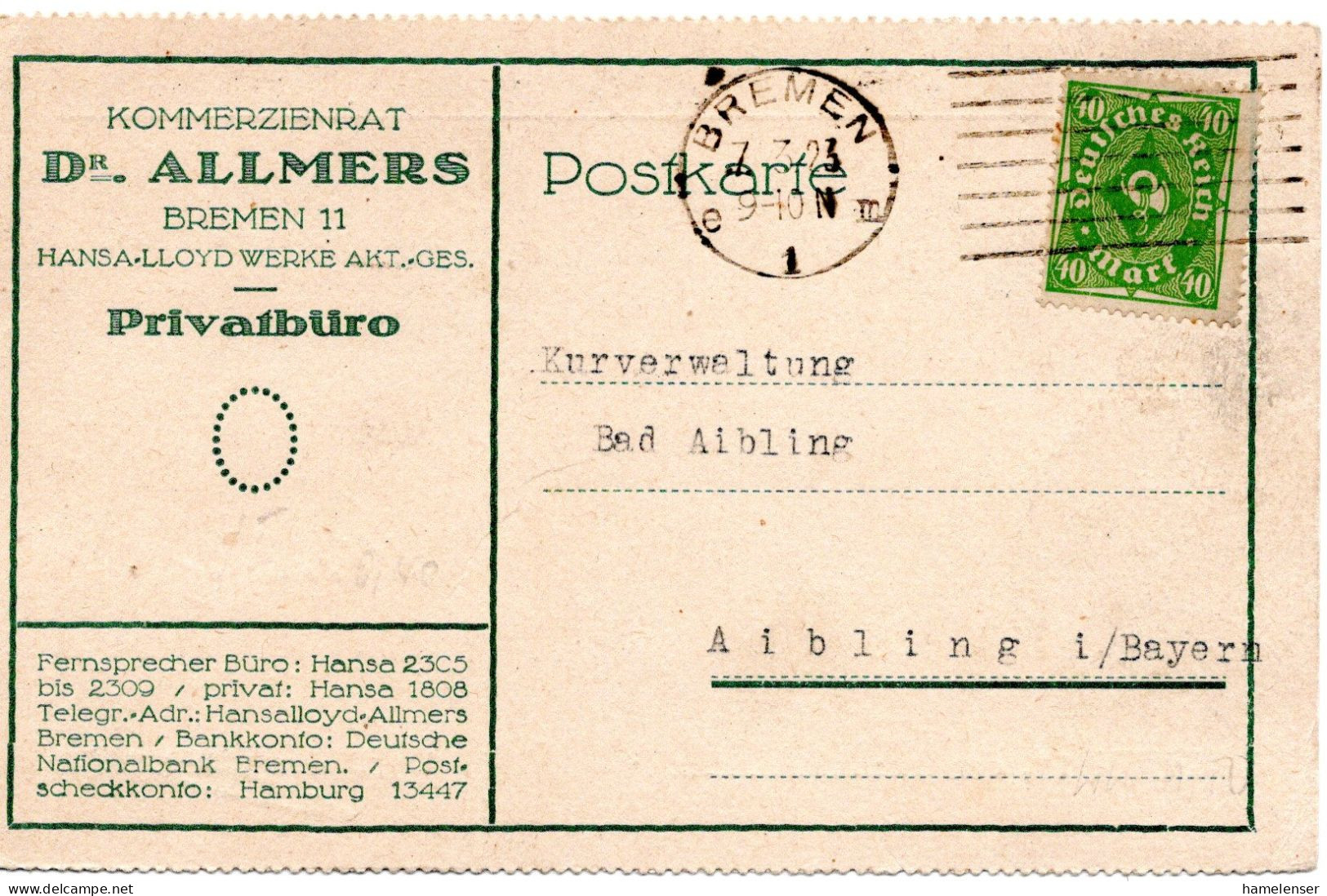 62307 - Deutsches Reich - 1923 - 40M Posthorn EF A Kte BREMEN -> Aibling - Storia Postale